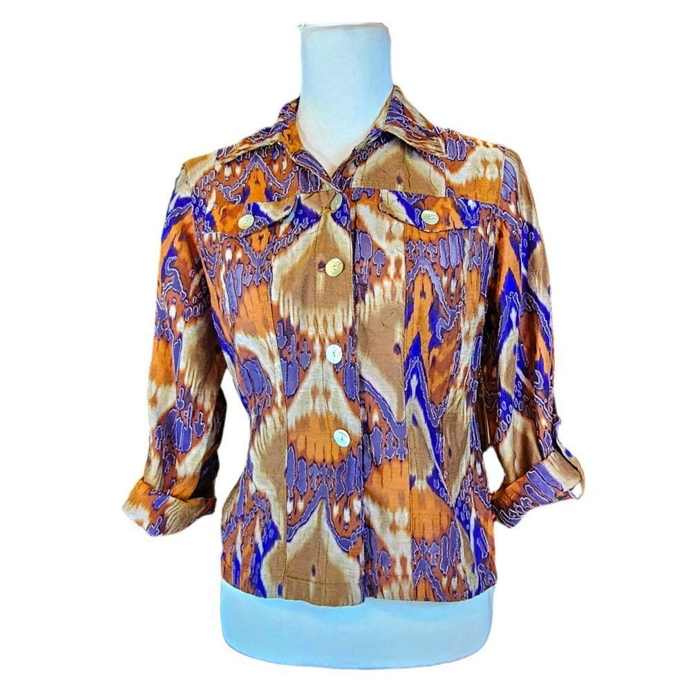 Ruby Rd Shell Button Flap Pocket Tab Sleeve Lagenlook Rustic Blouse Size 4P